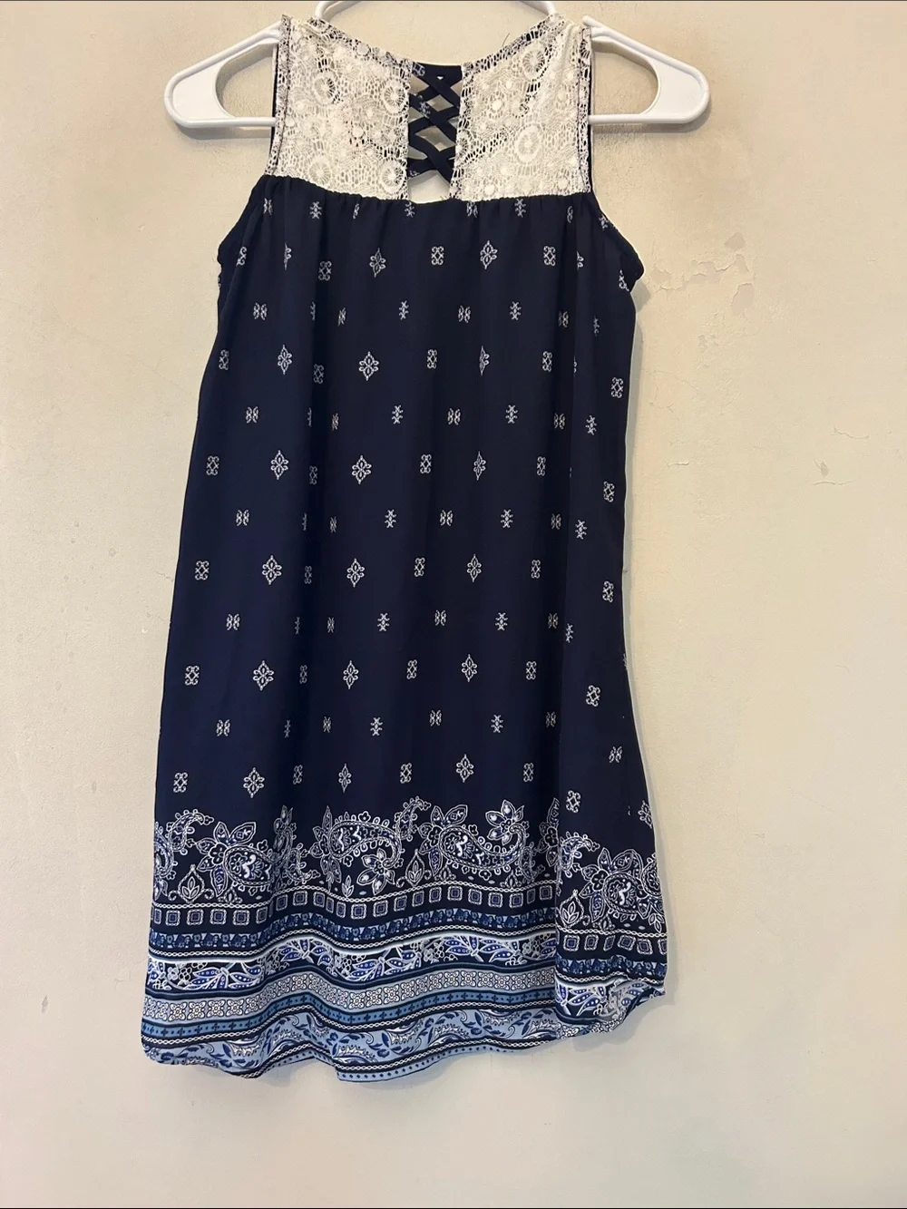 Eyeshadow Girls Navy Blue Lace Yoke Sundress with Border Print Size 12 New